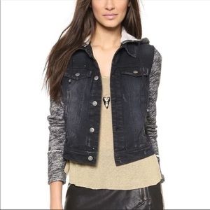 FREE PEOPLE // Denim jean jacket with knit sweatshirt arms and hood size…